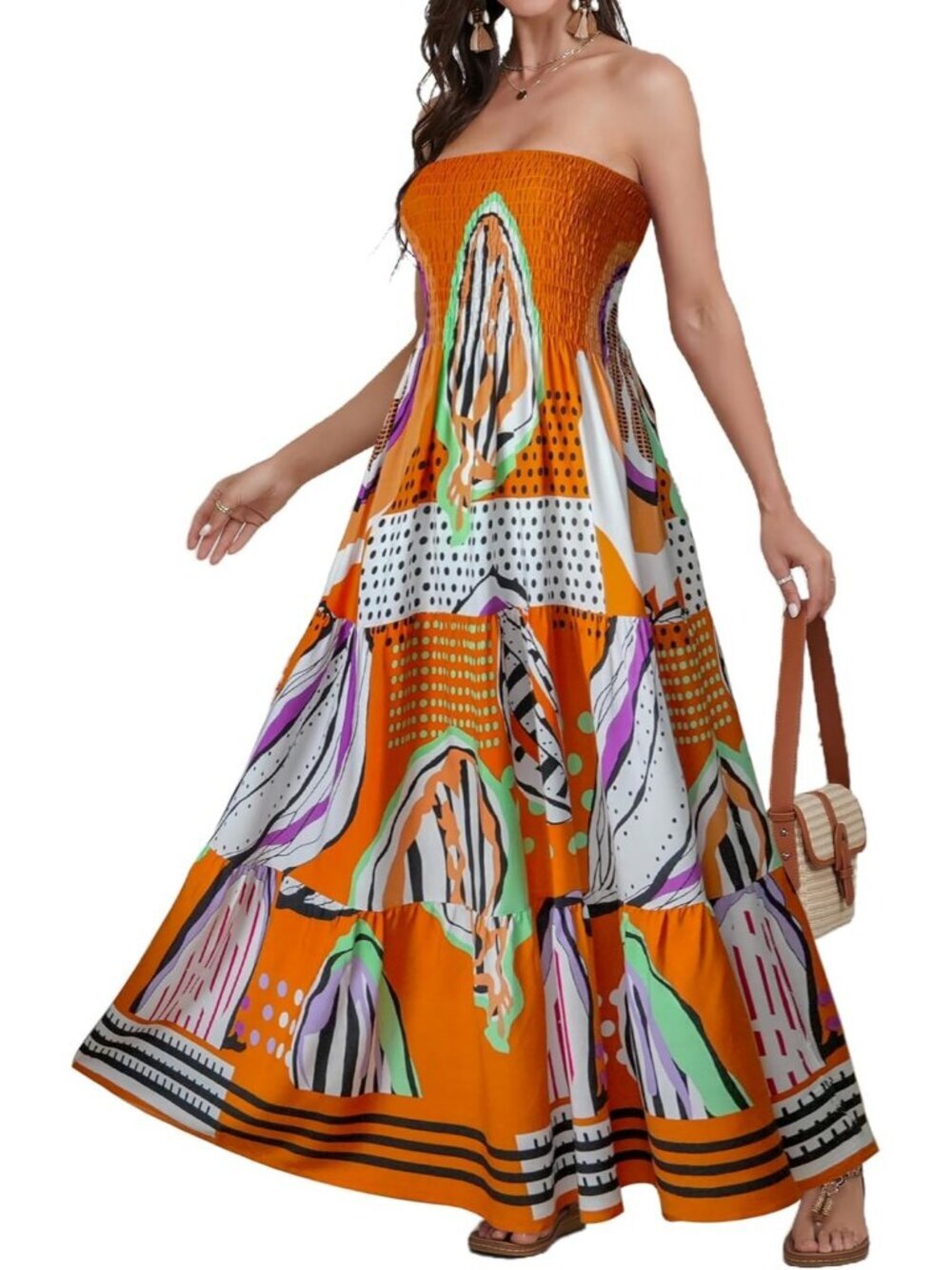 Women's Orange Dot Strapless A Line Tube Top Backless Casual Sun Maxi Dress - Picture 1 of 6